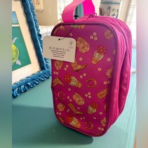 Barbie Pink Texas Cowgirl Motif makeup travel bag with 3 bottles by Bioworld NWT